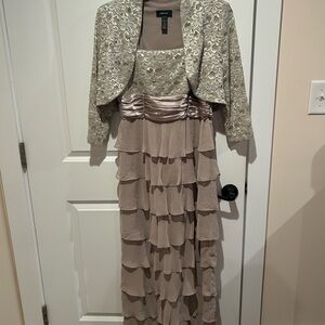 R & M Richards Taupe Layered Maxi Dress with Jacket